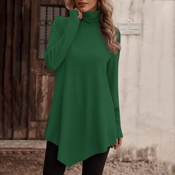 Njoeus Holiday Blouse, Women's Basic T-Shirt Turtle Neck Sweatshirts Spring Winter Turtleneck Tunic Tops Long Sleeve Pullover Casual High Low Hem Blouse S-XXL