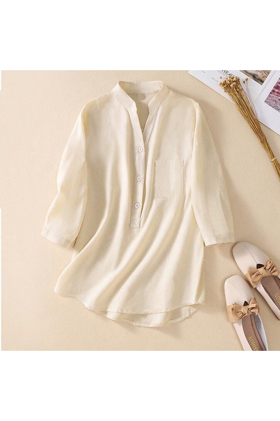 Holiday Blouse, Women's V-Neck Plain T-Shirt Open Tube Button Casual Vintage 3/4 Sleeve Shirts Pullover Tops Blouse