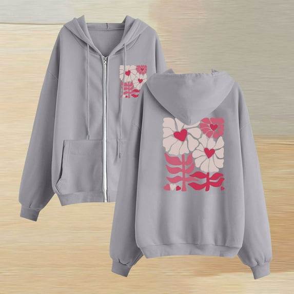 Njoeus Hoodies for Women Floral Long Sleeve Hooded Sweatshirt Full Zip Fleece Lined Jacket Casual Lightweight Cute Y2K Clothes with Pockets Gray S