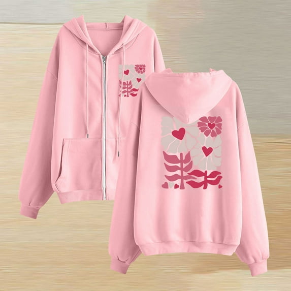 Njoeus Hoodies for Women Floral Long Sleeve Hooded Sweatshirt Full Zip Fleece Lined Jacket Casual Lightweight Cute Y2K Clothes with Pockets Pink S