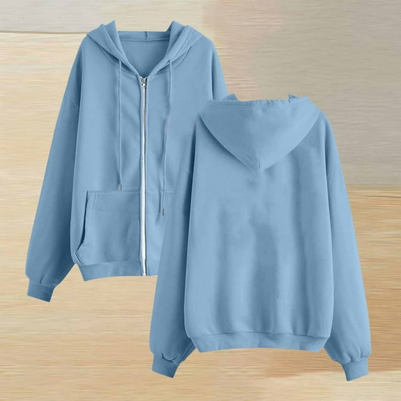 Njoeus Hoodies for Women, Soft Comfy Fleece Full-zip Hoodie Jackets, Long Sleeve Hooded Sweatshirt for Women Teen Girls Light Blue M