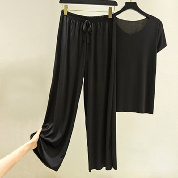 Njoeus Ice Silk Pajama Sets for Women 2 Piece Sleepwear Women Short Sleeve Tops and Long Pants Pjs Set Comfy Loungewear Summer Outfits M-XXL