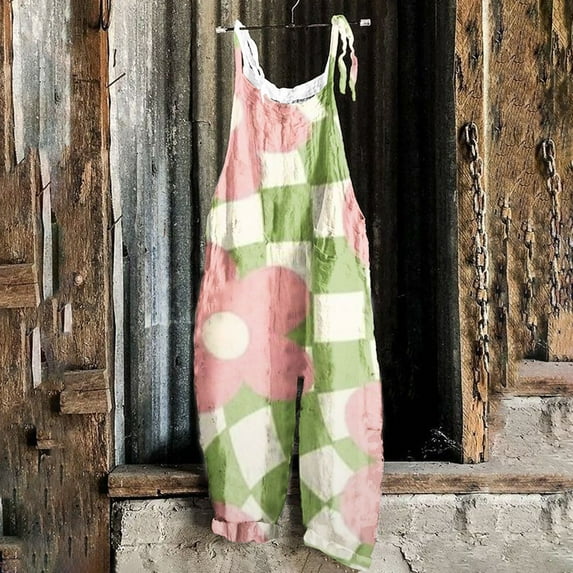 Njoeus Jumpsuits for Women Cute Boho Floral Wide Leg Long Pant Rompers Loose Spaghetti Strap Sleeveless Casual Romper Jumpsuit with Pockets S-XXL