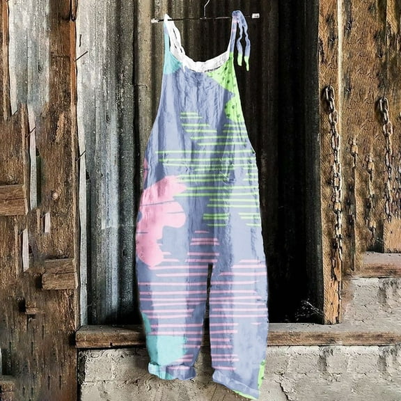 Njoeus Jumpsuits for Women Cute Boho Floral Wide Leg Long Pant Rompers Loose Spaghetti Strap Sleeveless Casual Romper Jumpsuit with Pockets S-XXL