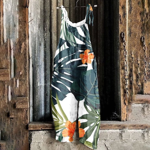 Njoeus Jumpsuits for Women, Womens Sleeveless Spaghetti Strap Jumpsuits Boho Print Casual Loose Baggy Wide Leg Long Pants Romper with Pockets S-XXL