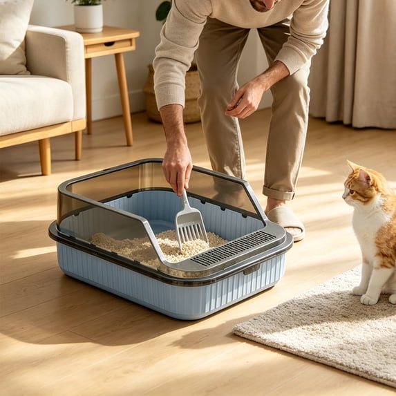 Njoeus Kitten or Small Litter Box,Semi Enclosed Pet Box with Shovel,for Kittens Poop Basin Brings Spray-Proof Design,and Easy Cleanup for Indoor Cat Supplies