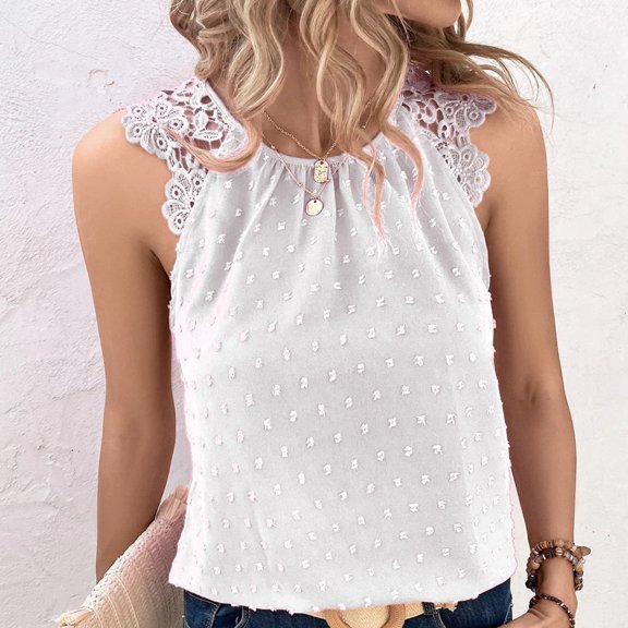 Njoeus Lace Tank Tops for Women Summer Casual Loose Tunic Top Ladies Sleeveless Office Work Shirts Elegant Pom Dressy Blouses S-XL