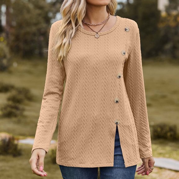 Njoeus Ladies Tops and Blouses, Long Sleeve Shirt for Women Round Neck Tunic Tops Side Button Blouses Loose T-shirt