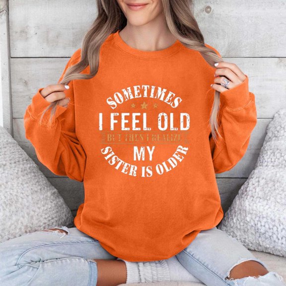 Njoeus Letter Print Sweatshirt for Women Trendy Casual Long Sleeve Shirts Cute Graphic Tee Crew Neck Pullover Tops Blouse Ladies Spring Fall Outfits Winter Clothes Orange M