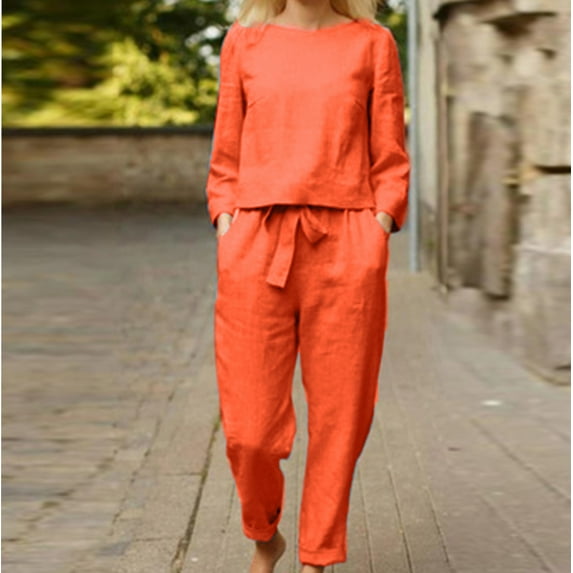 Njoeus Linen Set for Women Fashion Outfits 2 Piece Long Sleeve Crewneck Pullover Tops and Wide Leg Long Pants Sets Lounge Tracksuit