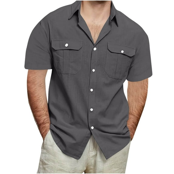 Njoeus Linen Shirts for Men Big & Tall Button Up Shirts Cotton Short Sleeve Casual Shirts Mens Summer Beach Shirts Loose Blouses with Pocket 3X 4X 5X Summer Savings Dark Gray
