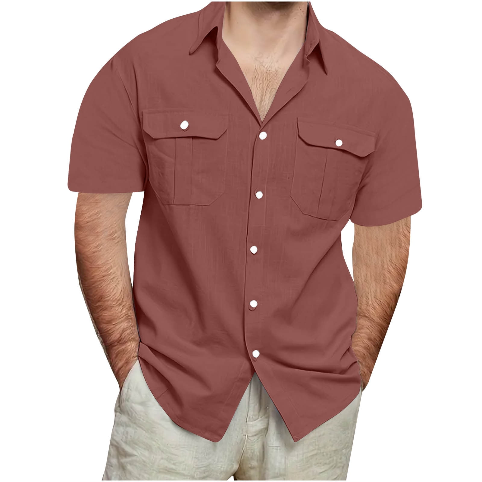 Mannen Casual Mode Effen Kleur Losse Pocket Knop Korte Mouwen Shirt Vlag Shirt, Lichtblauw, 5XL