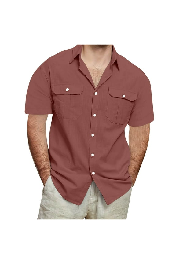 Gyedtr Linen Shirts for Men Big & Tall Button Up Shirts Cotton Short Sleeve Casual Shirts Mens Summer Beach Shirts Loose Blouses with Pocket 3X 4X 5X Wine