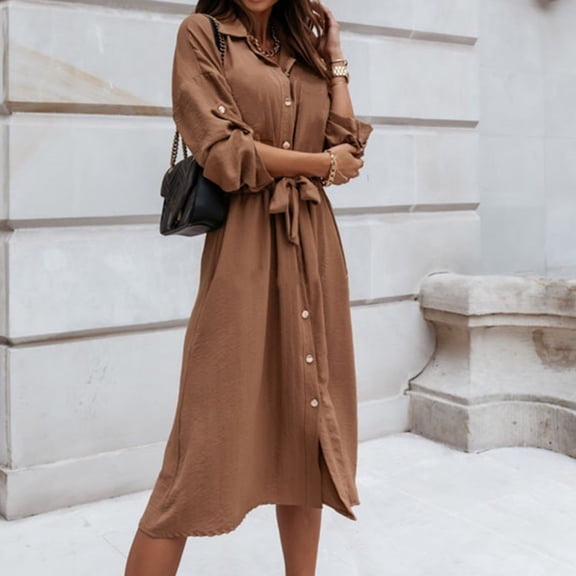 Njoeus Long Maxi Shirt Dress for Womens Casual Elegant Button Front Collar Long Sleeve Loose Midi Dresses with Belt