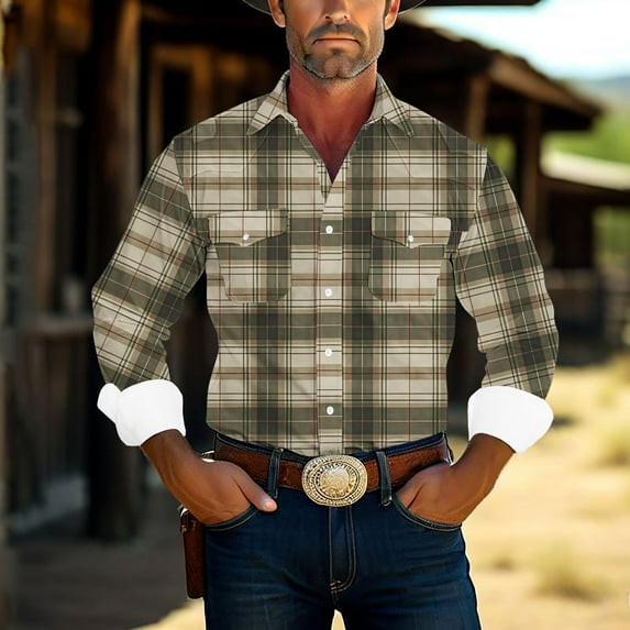Njoeus Long Sleeve Shirts for Men, Mens Western Cotton Shirts Mens Vintage Plaid Printed Button-Down Shirt Regular Fitted Casual Work Shirts with Pockets Big & Tall Sizes 3X 4X 5X Summer Savings