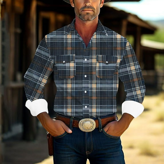 Njoeus Long Sleeve Shirts for Men, Mens Western Cotton Shirts Mens Vintage Plaid Printed Button-Down Shirt Regular Fitted Casual Work Shirts with Pockets Big & Tall Sizes 3X 4X 5X Summer Savings Navy