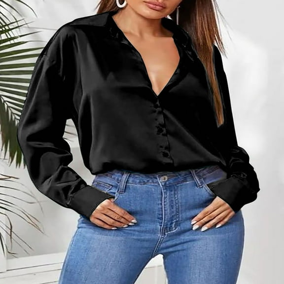 Njoeus Long Sleeve Shirts for Women, Women Long Sleeve Satin Shirt Button Up Shirts Loose Casual Offie Work Blouse T-shirt Tunic Tops