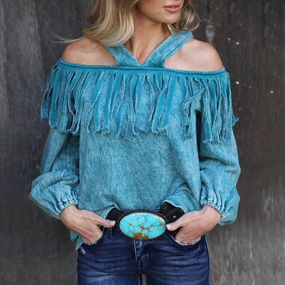Njoeus Long Sleeve Shirts for Women, Women Sexy Fringe Off Shoulder Shirt Blouse Casual Women's Long Sleeve Halter Tunic Tops