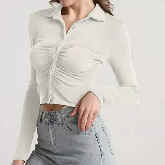 Njoeus Long Sleeve Workout Tops for Women, Women's Casual Lapel Long Sleeve Shirt Pleated Button Up Slim Fitted Tops Soft Comfy T-Shirt Top Spring Spring Tops