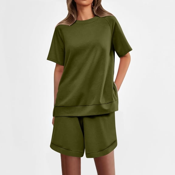 Njoeus Lounge Set for Women Summer 2 Piece Outfits Short Sleeve Round Neck T-Shirt with Shorts Set Loose Outfits Sleepwear Soft Pajama S-XXL (top with Side Zipper)