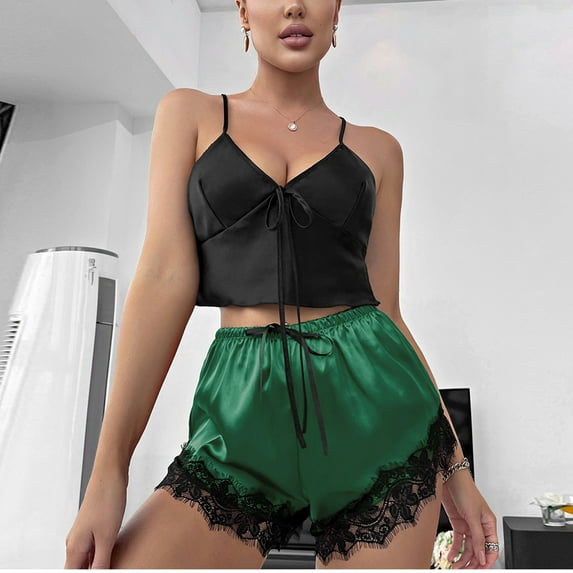 Njoeus Lounge Sets for Women, Girls Pajamas Womens Satin Pajamas Sets Women's Sexy Imitated Silk Camisole Tank Tops and Shorts Lace Trim Pjs Sets Sleepwear Matching Sets Women Clothing On Clearance
