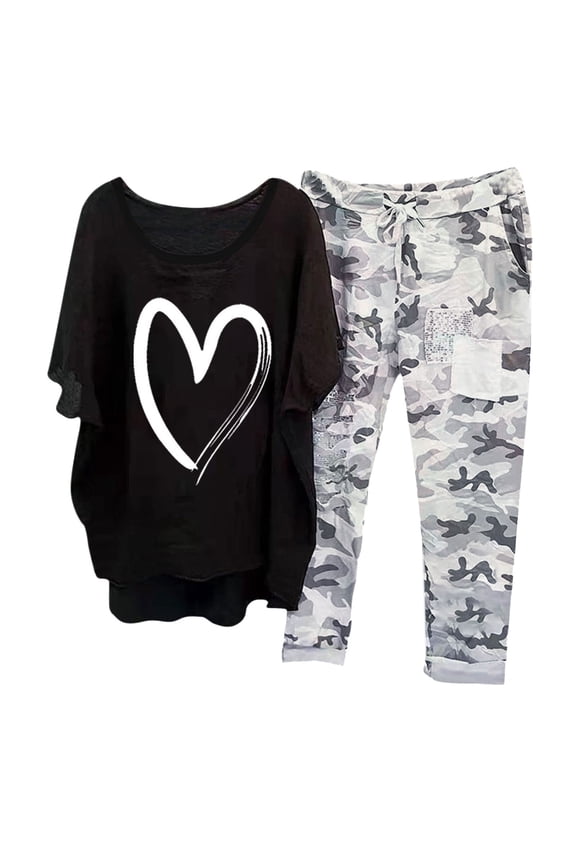 Lounge Sets for Women, Sexy Two Piece Outfits for Women Women's Cotton Linen Lounge Set Love Print Short Sleeve Top Trackpjs Sets Wide Leg Pants Loungewear Summer Outfits S-5Xl Plus Size P