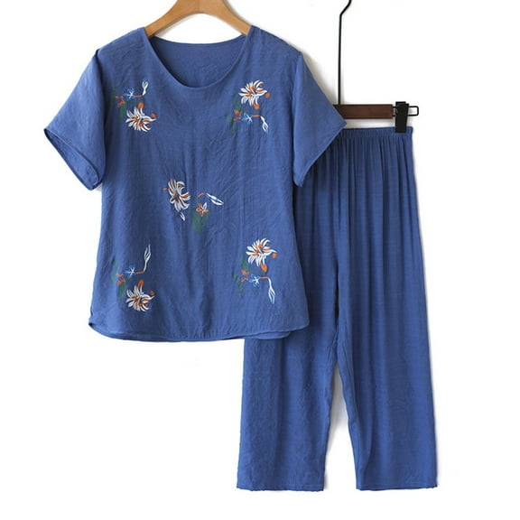 Njoeus Lounge Sets for Women, Women Pajama Sets Pajamas for Women Set Short Sleeve Two Piece Sets Top with Capris Pants Sleepwear Sets Cute Print Loungewear - Imitation Cotton Linen Matching Pajamas F