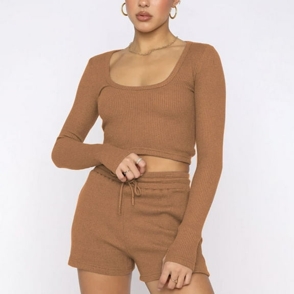 Njoeus Lounge Sets Womens Workout Ribbed Knit Long Sleeve Crop Top and Shorts Set Women 2 Piece Casual Pajama Short Outfits Tracksuit