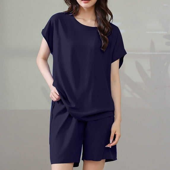 Njoeus Lounge Wear for Women Womens Pajamas Women Solid Color Casual Crewneck Short Sleeve Shirt Fashion Shorts Sets Pajamas Suit Pajamas for Women Set Tank Top Savings Navy Xxxl