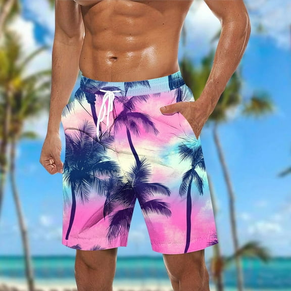 Njoeus Men Big & Tall Swim Trunks Fashion Hawaiian Print Board Shorts Elastic Waist Beach Shorts Swimwear with Pockets 3X 4X 5X Clearance Purple