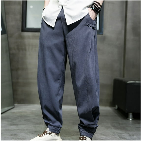 Njoeus Men Fashion Linen Baggy Pants Men's Casual Loose Mid Waist Comfy Breathable Cotton Trousers with Knot Button M-5XL (Available in Big & Tall)