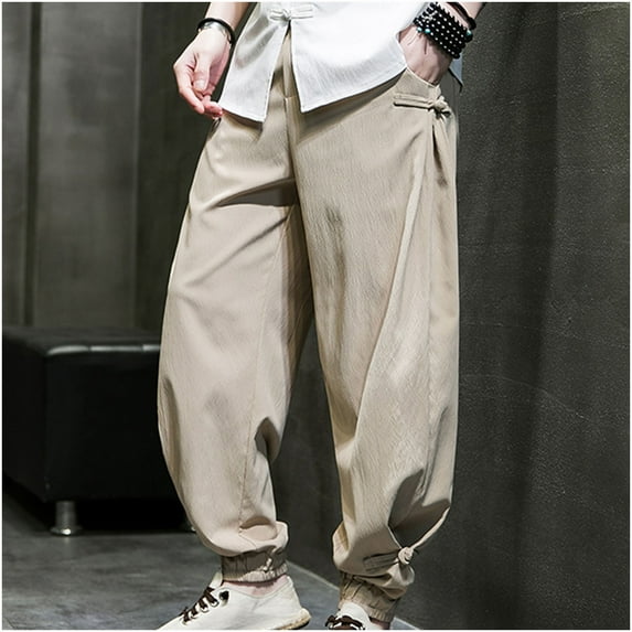 Njoeus Men Fashion Linen Baggy Pants Men's Casual Loose Mid Waist Comfy Breathable Cotton Trousers with Knot Button M-5XL (Available in Big & Tall)