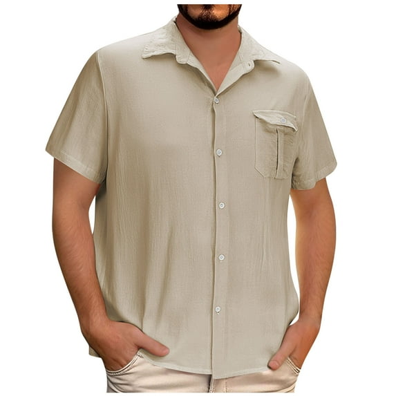 Njoeus Men Linen Shirts Casual Short Sleeve Buttons Down Shirts Mens Comfy Lightweight Tops Summer Beach Wedding Vacation Hawaiian Shirt with Pocket Big & Tall Sizes 3X 4X 5X Khaki Clearance