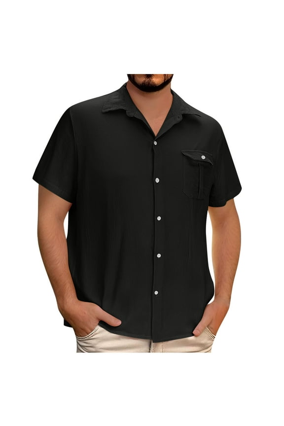 Men Linen Shirts Casual Short Sleeve Buttons Down Shirts Mens Comfy Lightweight Tops Summer Beach Wedding Vacation Hawaiian Shirt with Pocket Big & Tall Sizes 3X 4X 5X Black Clearance