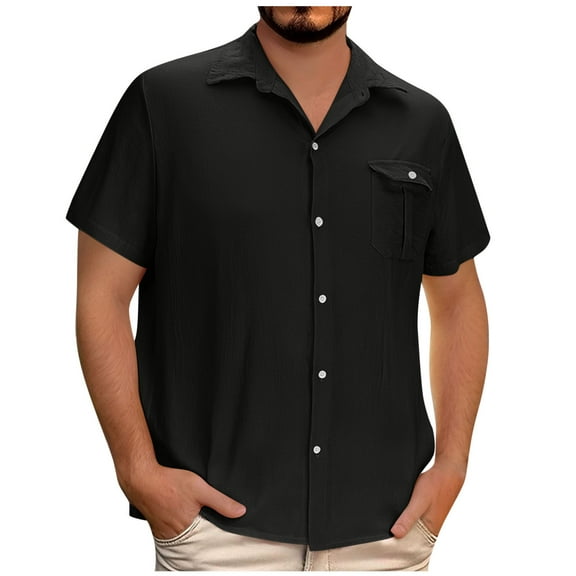Njoeus Men Linen Shirts Casual Short Sleeve Buttons Down Shirts Mens Comfy Lightweight Tops Summer Beach Wedding Vacation Hawaiian Shirt with Pocket Big & Tall Sizes 3X 4X 5X Black Clearance