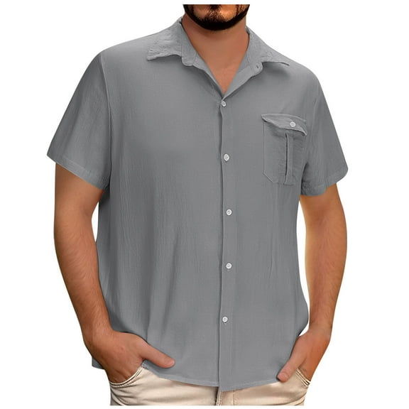 Aueoeo Men Linen Shirts Casual Short Sleeve Buttons Down Shirts Mens Comfy Lightweight Tops Summer Beach Wedding Vacation Hawaiian Shirt with Pocket Big & Tall Sizes 3X 4X 5X Gray