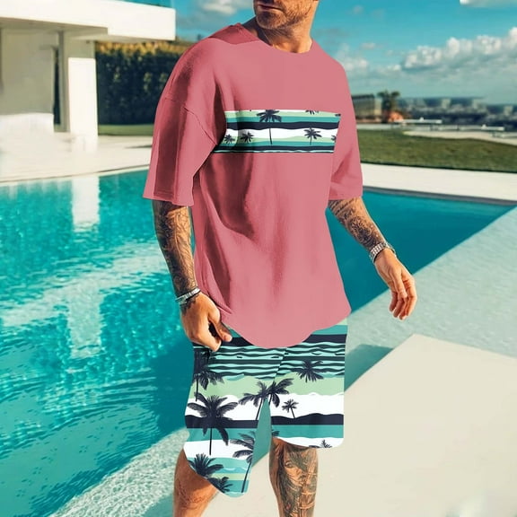 Njoeus Men's 2 Piece Vacation Clothes Hawaiian Graphic Palm Tree Printed Beach T Shirt with Drawstring Shorts Set Crew Neck Short Sleeve Casual Loose Summer Outfits Men Big & Tall Size 2X 3X 4X
