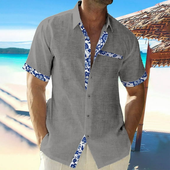 Njoeus Men's Athletic Shirts & Tees Mens Graphic T Shirts Mens Button Up Shirts Casual Short Sleeve Linen Tops Cotton Lightweight Fishing Tees Lapel Collar Floral Shirt M-3Xl Summer Tops for Teens