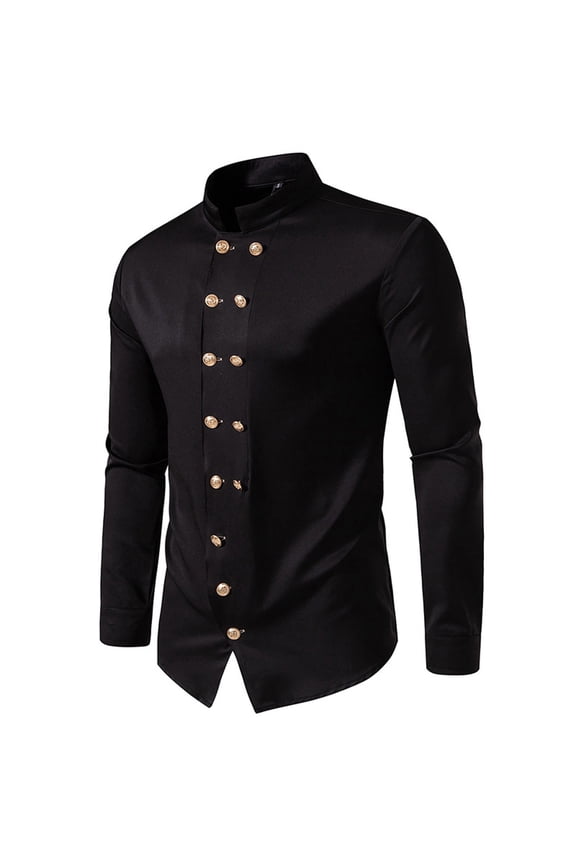 Men's Banded Collar Double Breasted Dress Shirt Slim Fitted Long Sleeve Mandarin Collar Party Shirt Suit