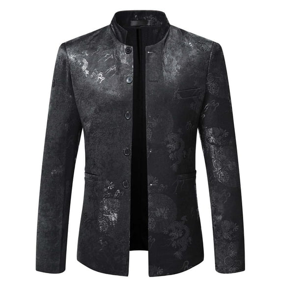 Njoeus Men's Casual Chinese Dragon Print Blazer Jacket Button Up Mandarin Collar Formal Suit Jacket with Pocket