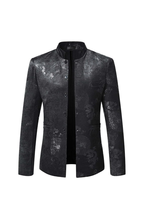 Men's Casual Chinese Dragon Print Blazer Jacket Button Up Mandarin Collar Formal Suit Jacket with Pocket