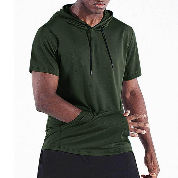 Njoeus Men's Casual Hooded T-Shirts Mens Short Sleeve Athletic Hoodies Sweatshirt with Pocket Solid Color Men Fashion Sports Pullover Tops Summer Clothing M-3X Army Green Summer Savings