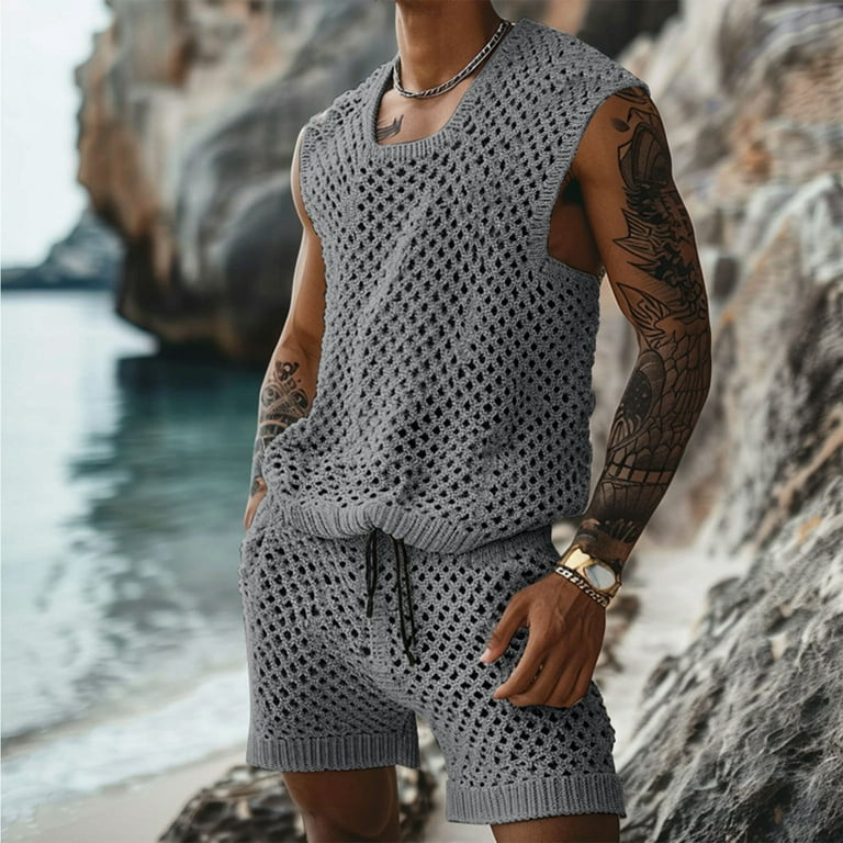 Njoeus Men's Fashion Piece Outfits Crochet Knit Tank Tops with