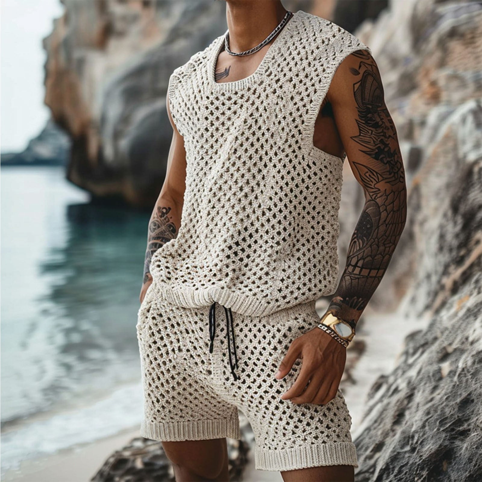 Njoeus Men's Fashion Piece Outfits Crochet Knit Tank Tops with