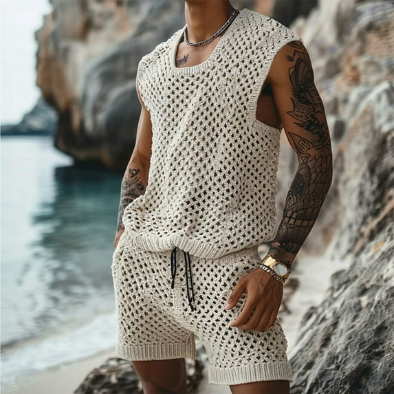 Njoeus Men's Fashion 2 Piece Outfits Crochet Knit Tank Tops with Shorts Sets for Men Comfy Beach Cover Up Summer Vacation Casual Hollow Out Sleeveless Shirt Tracksuit Lounge Sets M-3X Summer Savings