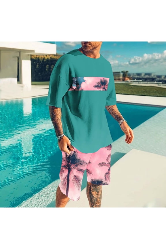 Men's Fashion 2 Piece Tracksuit Sets Summer Vacation Outfits for Men Casual Printed Short Sleeve Hawaiian Shirt and Shorts Suit 2X 3X 4X Clearance Green