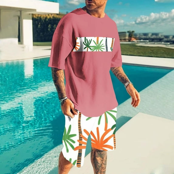 Njoeus Men's Fashion 2 Piece Tracksuit Sets Summer Vacation Outfits for Men Casual Printed Short Sleeve Hawaiian Shirt and Shorts Suit 2X 3X 4X Clearance Pink