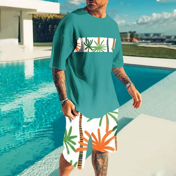 Njoeus Men's Fashion 2 Piece Tracksuit Sets Summer Vacation Outfits for Men Casual Printed Short Sleeve Hawaiian Shirt and Shorts Suit 2X 3X 4X Summer Savings Green