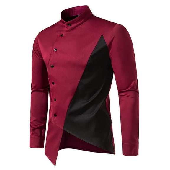 Njoeus Men's Fashion Long Sleeve Dress Shirt Irregular Hem Colorblock Button Up Mandarin Collar Prom Party T-Shirt