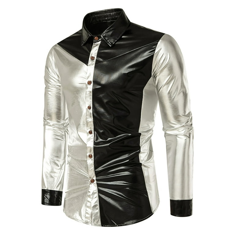 Njoeus Men s Fashion Nightclub Shiny Discoes Metal Shirt Black White Long Sleeve Buttons Down Party Shirts Prom Costume Walmart